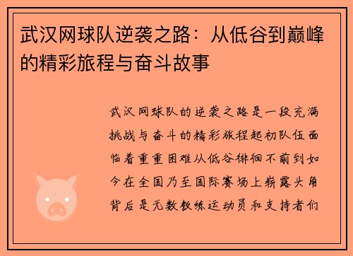 武汉网球队逆袭之路：从低谷到巅峰的精彩旅程与奋斗故事
