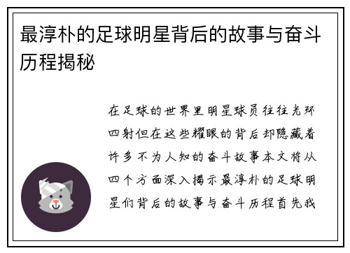 最淳朴的足球明星背后的故事与奋斗历程揭秘