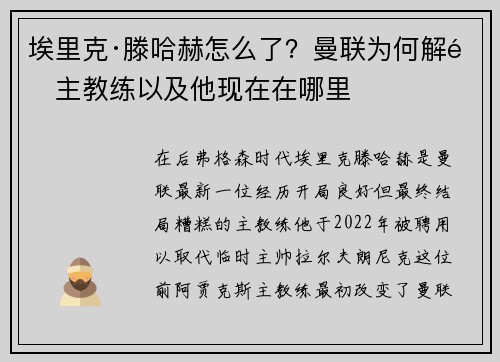 埃里克·滕哈赫怎么了？曼联为何解雇主教练以及他现在在哪里