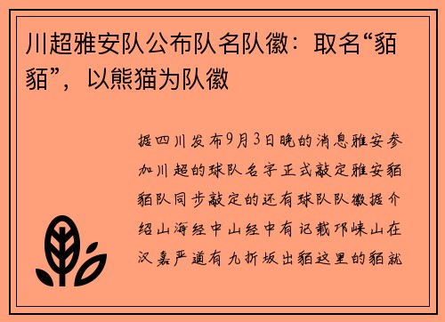 川超雅安队公布队名队徽：取名“貊貊”，以熊猫为队徽