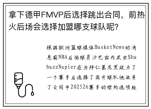 拿下德甲FMVP后选择跳出合同，前热火后场会选择加盟哪支球队呢？